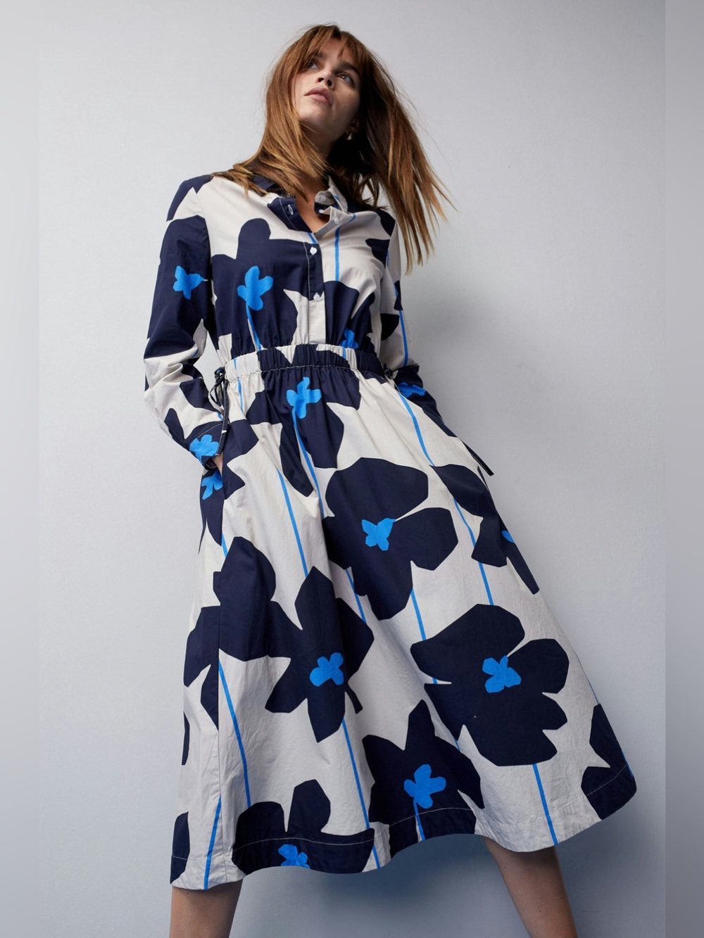 Oui Light Stone Blue Floral Elasticated Waist Midi Shirt Dress